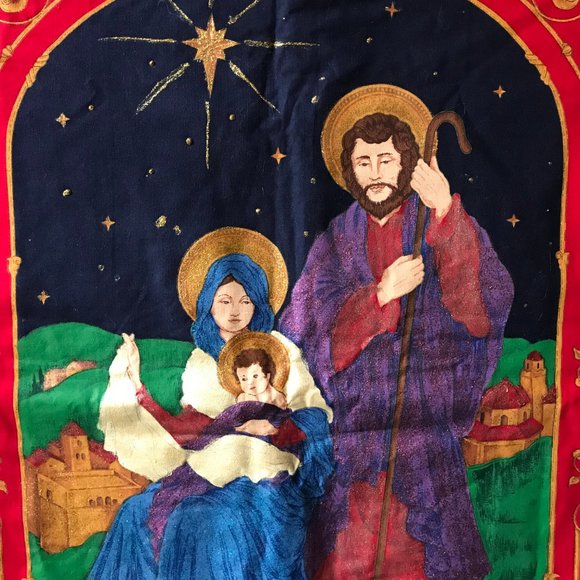 Vintage Holy Family Nativity Christmas Tapestry Wall Banner Decoration Handmade - Picture 9 of 16